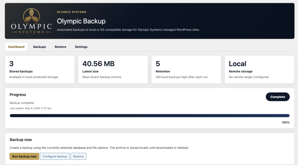 Olympic Backup dashboard