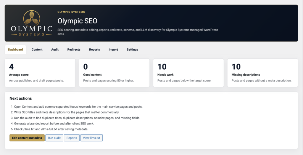 Olympic SEO dashboard
